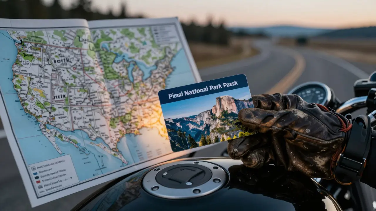 Leather glove holding national park pass on motorcycle tank, faint map of parks glowing beneath.
