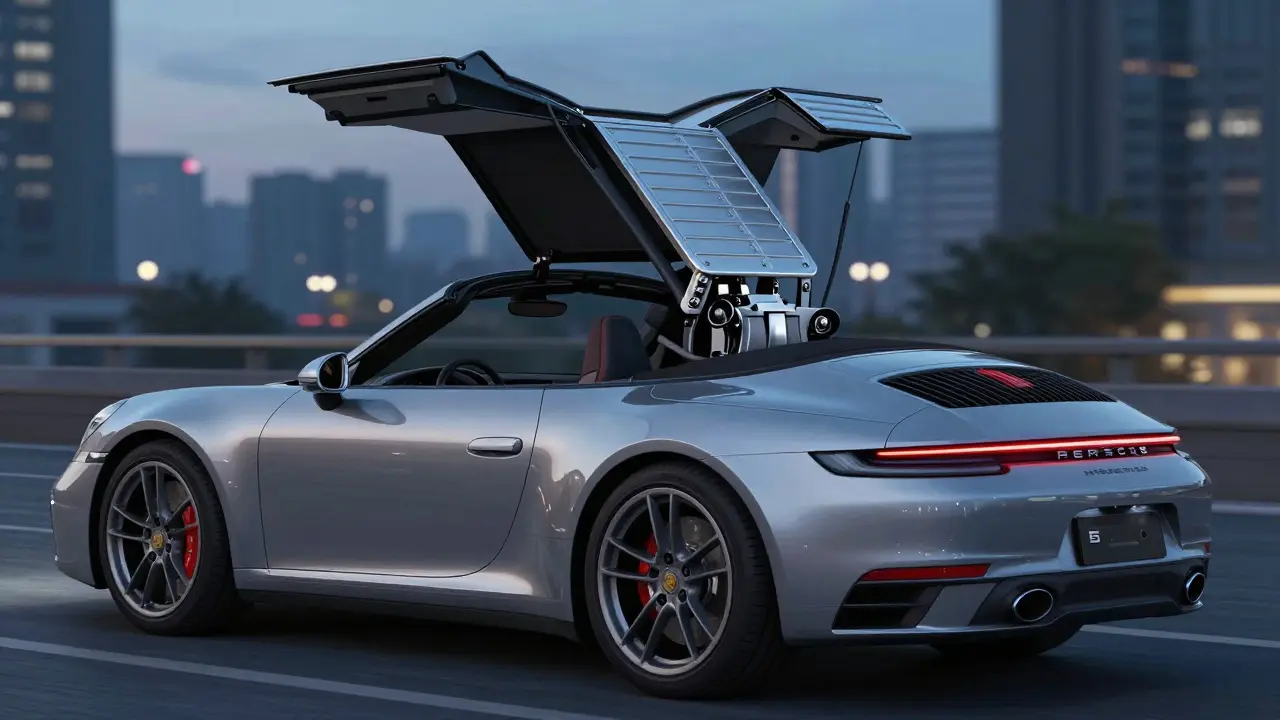 Porsche 911 Cabriolet's hard top in motion, folding into its compartment against a city skyline.