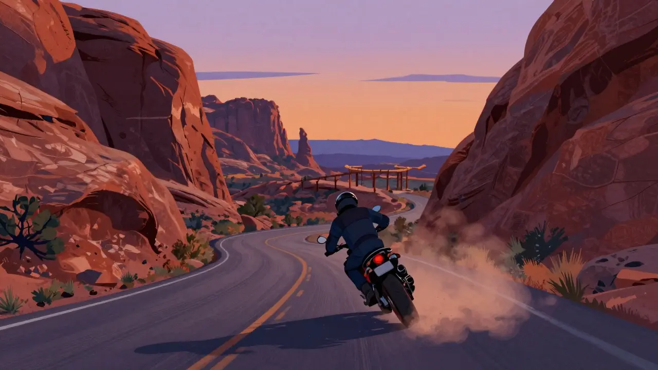 Rider navigating winding mountain road through red rock arches at sunset, no other vehicles.