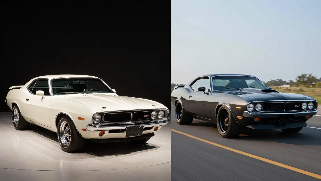 Split image: classic 1971 Hemi Cuda on display vs. its restomod version on the highway.