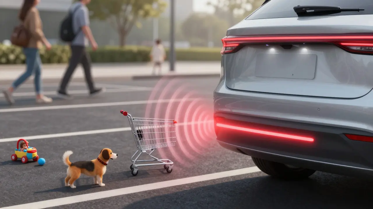 Ultrasonic sensors detect a child, dog, and shopping cart in a parking lot as the car prepares to stop.