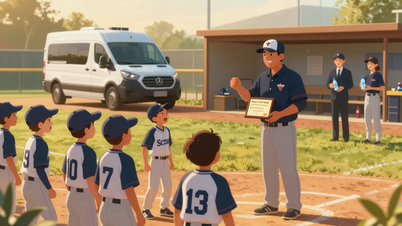 Youth baseball team wearing jerseys with subtle dealership branding, receiving a monthly player award at a game.